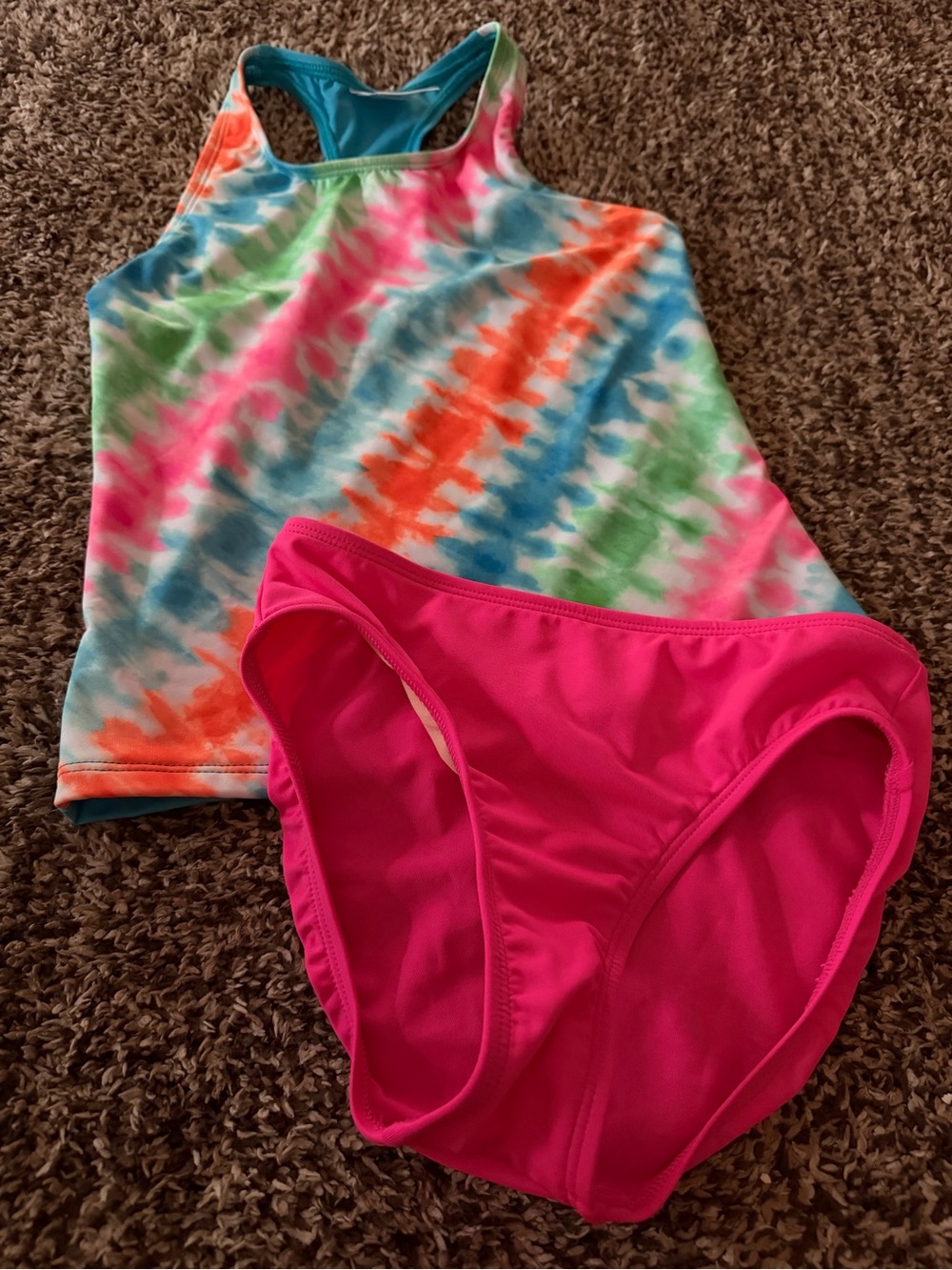 Lands End Girls Neon Tie-Dye Tankini Set with Hot Pink Bottoms